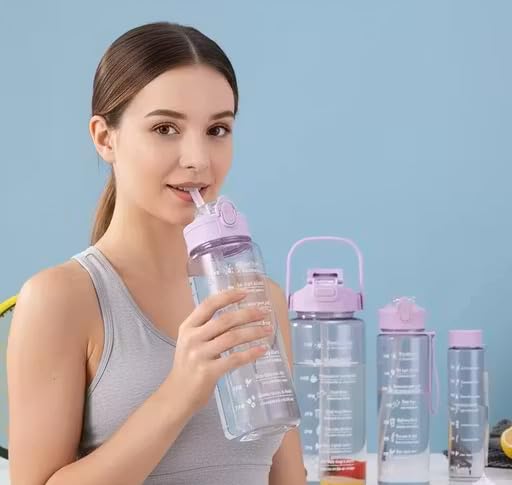 Plastic Set Of 3 Transparent Water Bottle 2000ML, 900ML, 300ML With Motivational Time Marker, Leakproof Durable Sipper Water Bottle For Office, School, Gym (Multicolor)