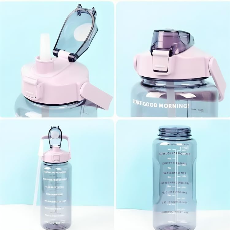 Plastic Set Of 3 Transparent Water Bottle 2000ML, 900ML, 300ML With Motivational Time Marker, Leakproof Durable Sipper Water Bottle For Office, School, Gym (Multicolor)