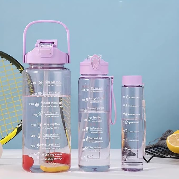 Plastic Set Of 3 Transparent Water Bottle 2000ML, 900ML, 300ML With Motivational Time Marker, Leakproof Durable Sipper Water Bottle For Office, School, Gym (Multicolor)