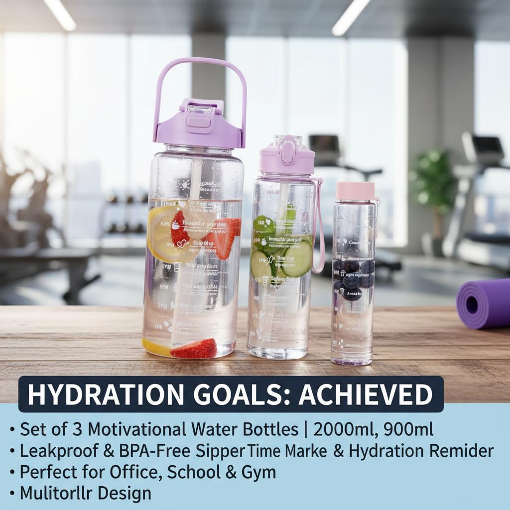 Plastic Set Of 3 Transparent Water Bottle 2000ML, 900ML, 300ML With Motivational Time Marker, Leakproof Durable Sipper Water Bottle For Office, School, Gym (Multicolor)