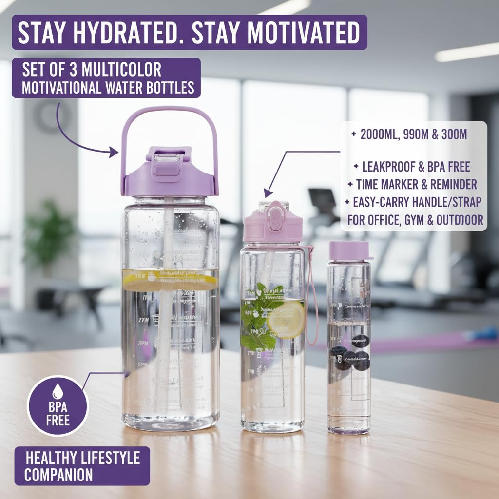 Plastic Set Of 3 Transparent Water Bottle 2000ML, 900ML, 300ML With Motivational Time Marker, Leakproof Durable Sipper Water Bottle For Office, School, Gym (Multicolor)