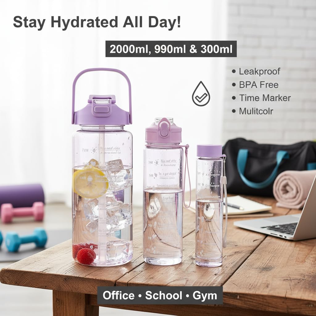 Plastic Set Of 3 Transparent Water Bottle 2000ML, 900ML, 300ML With Motivational Time Marker, Leakproof Durable Sipper Water Bottle For Office, School, Gym (Multicolor)