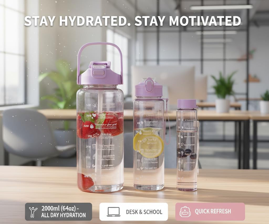 Plastic Set Of 3 Transparent Water Bottle 2000ML, 900ML, 300ML With Motivational Time Marker, Leakproof Durable Sipper Water Bottle For Office, School, Gym (Multicolor)