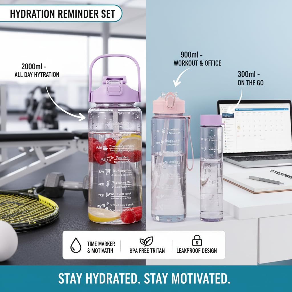 Plastic Set Of 3 Transparent Water Bottle 2000ML, 900ML, 300ML With Motivational Time Marker, Leakproof Durable Sipper Water Bottle For Office, School, Gym (Multicolor)