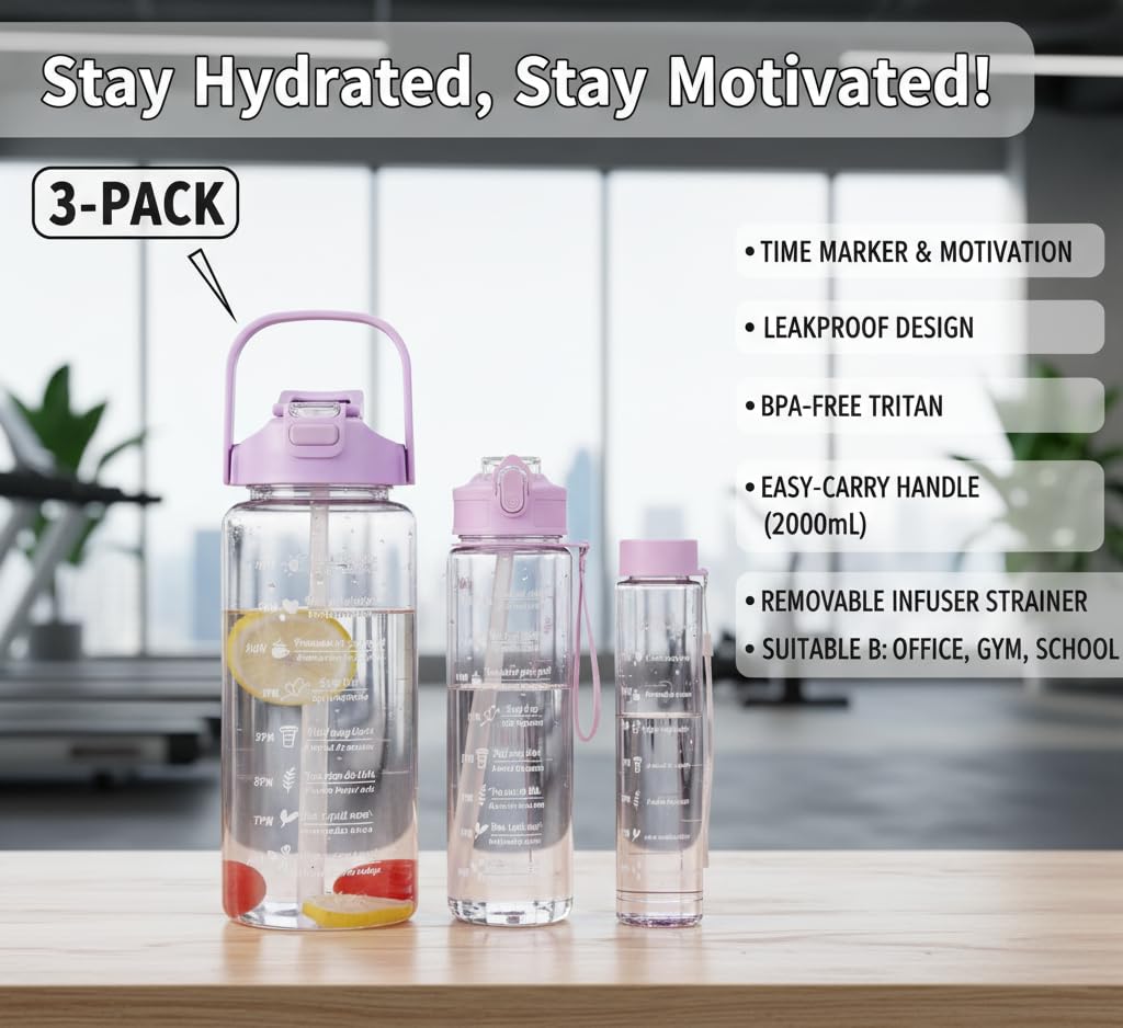 Plastic Set Of 3 Transparent Water Bottle 2000ML, 900ML, 300ML With Motivational Time Marker, Leakproof Durable Sipper Water Bottle For Office, School, Gym (Multicolor)